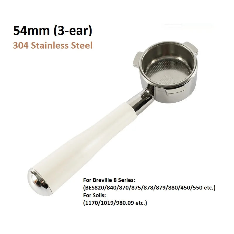 54mm 3-Ear Coffee Portafilter, 304 Stainless Steel Luxury Wooden Handle Espresso Holder Compatible with Breville 820 880 Series & Solis