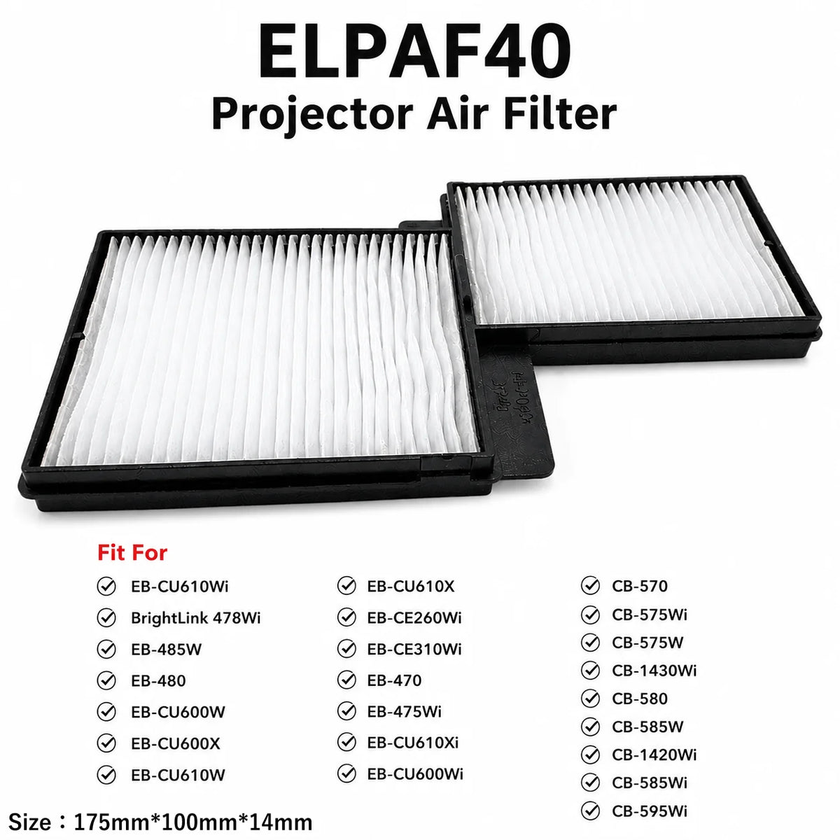 Replacement Projector Air Filter — ELPAF40 / EB-485W / EB-480 / EB-CU600W / EB-CU600X — Model Options