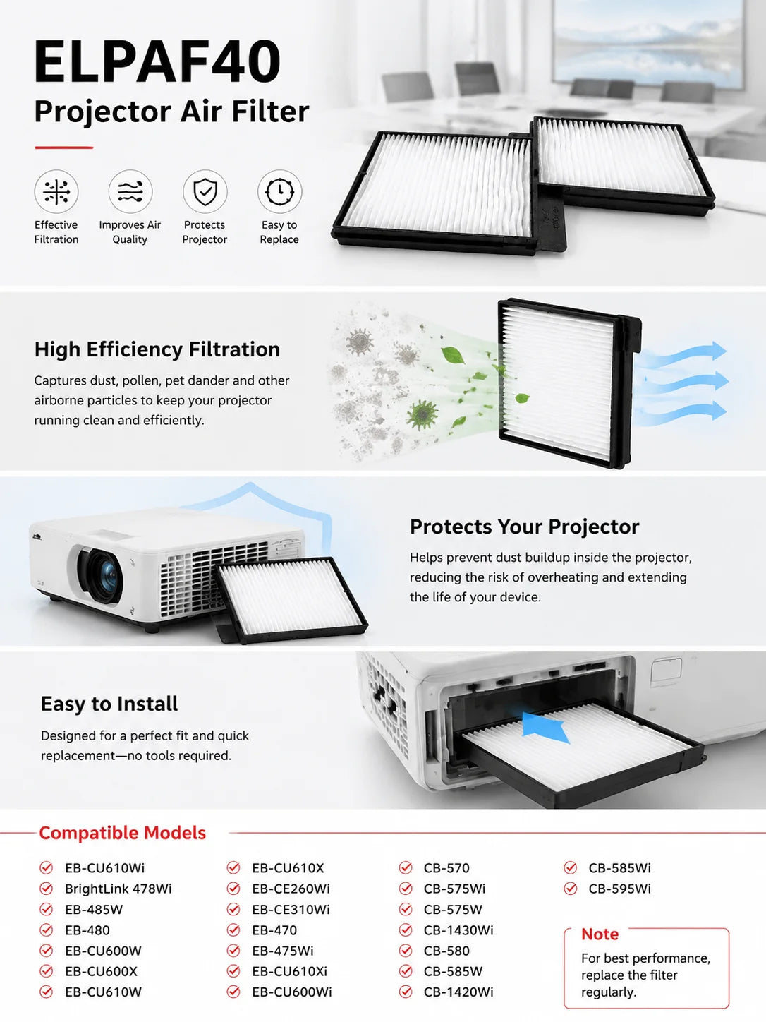 Replacement Projector Air Filter — ELPAF40 / EB-485W / EB-480 / EB-CU600W / EB-CU600X — Model Options