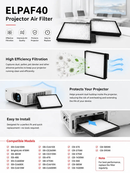 Replacement Projector Air Filter — ELPAF40 / EB-485W / EB-480 / EB-CU600W / EB-CU600X — Model Options