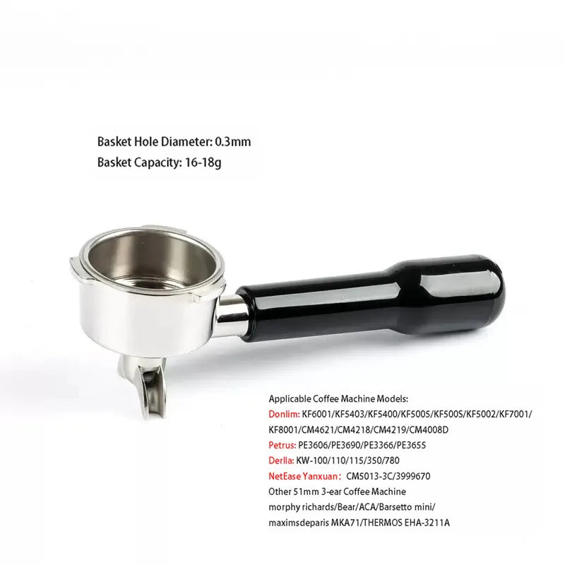 51mm 3-Ear Bottomed Portafilter for Donlim/Homix/Gypas//Sachi Espresso Machines, 304 Stainless Steel Coffee Handle with Basket