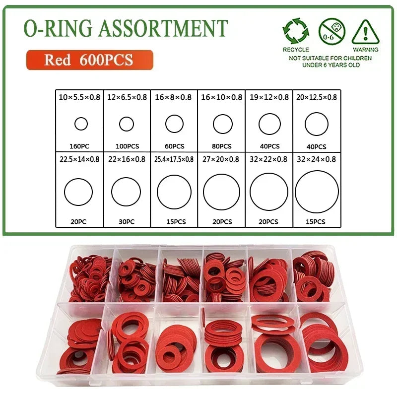 600 Pieces M5.5/6.5/8/10/12/12.5/14/16/17.5/20/24 Red Steel Paper O-ring Repair Box for Automotive Repair and Home Appliances