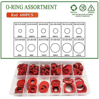 600 Pieces M5.5/6.5/8/10/12/12.5/14/16/17.5/20/24 Red Steel Paper O-ring Repair Box for Automotive Repair and Home Appliances