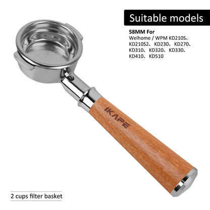 IKAPE Bottomless Portafilter for Delonghi/Barsetto/Berivlle/Lamarzocco/Welhome/Flair58/ECM/Lelit/wega Wooden Handle 51/54/58mm