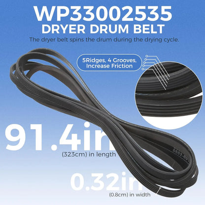 12001541 Dryer Drum Roller Kit 306508 Drum Bearing Kit WP6-3700340 Dryer Idler Pulley & WP33002535 Drum Belt