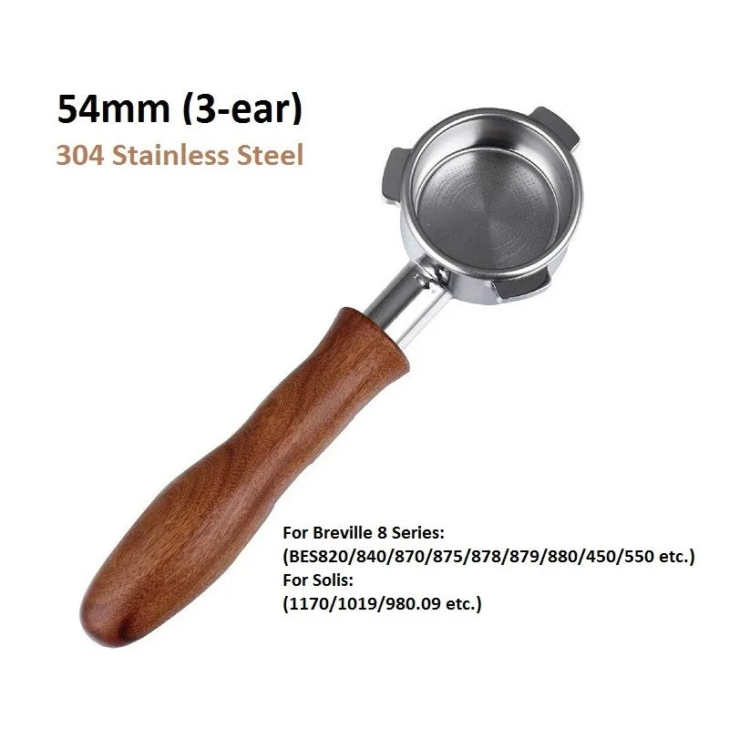 54mm 3-Ear Coffee Portafilter, 304 Stainless Steel Luxury Wooden Handle Espresso Holder Compatible with Breville 820 880 Series & Solis