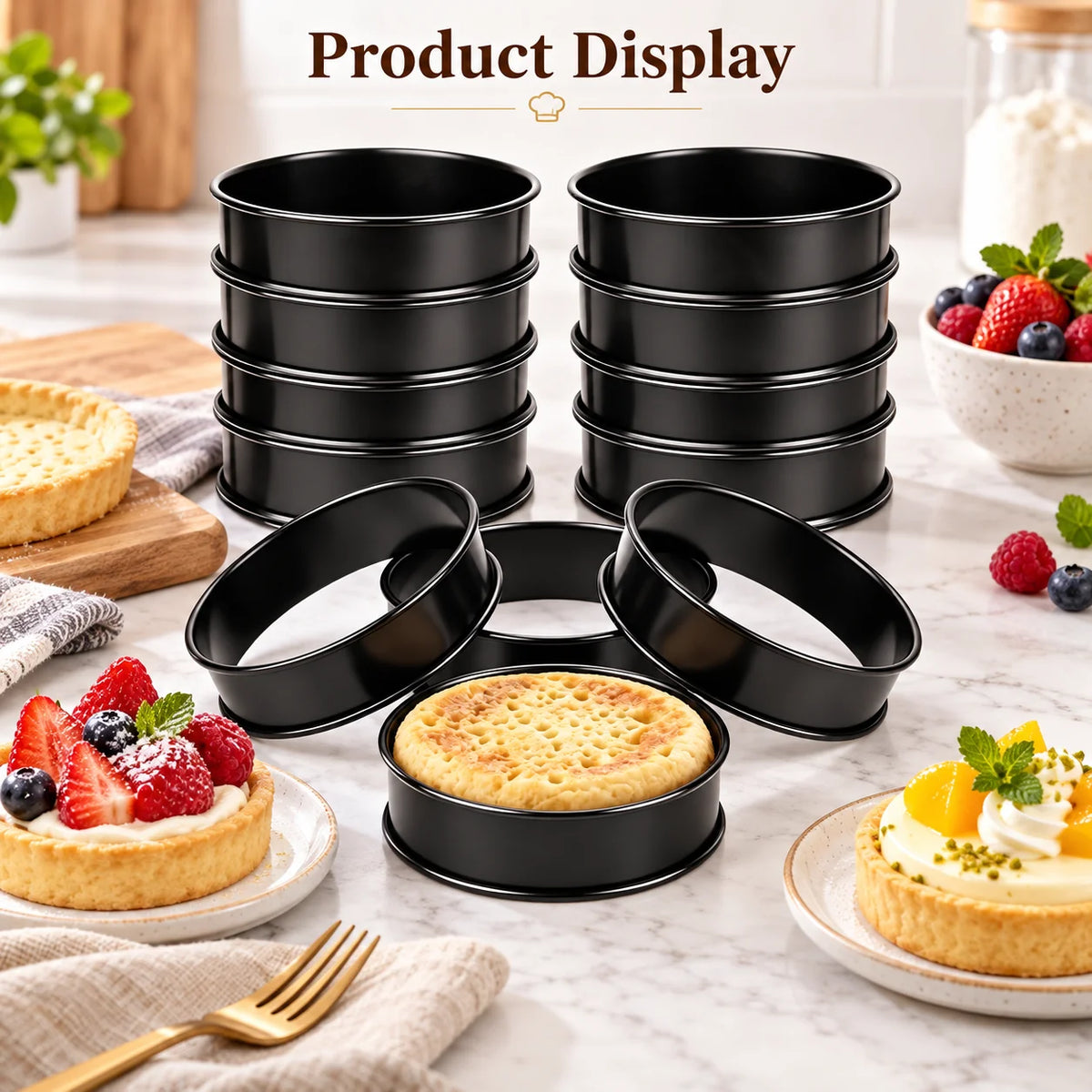 6PCS Tart Crumpet Muffin Ring Set Stainless Steel Nonstick Black Double-Rolled for Pancake Pastry Omelet Home Baking