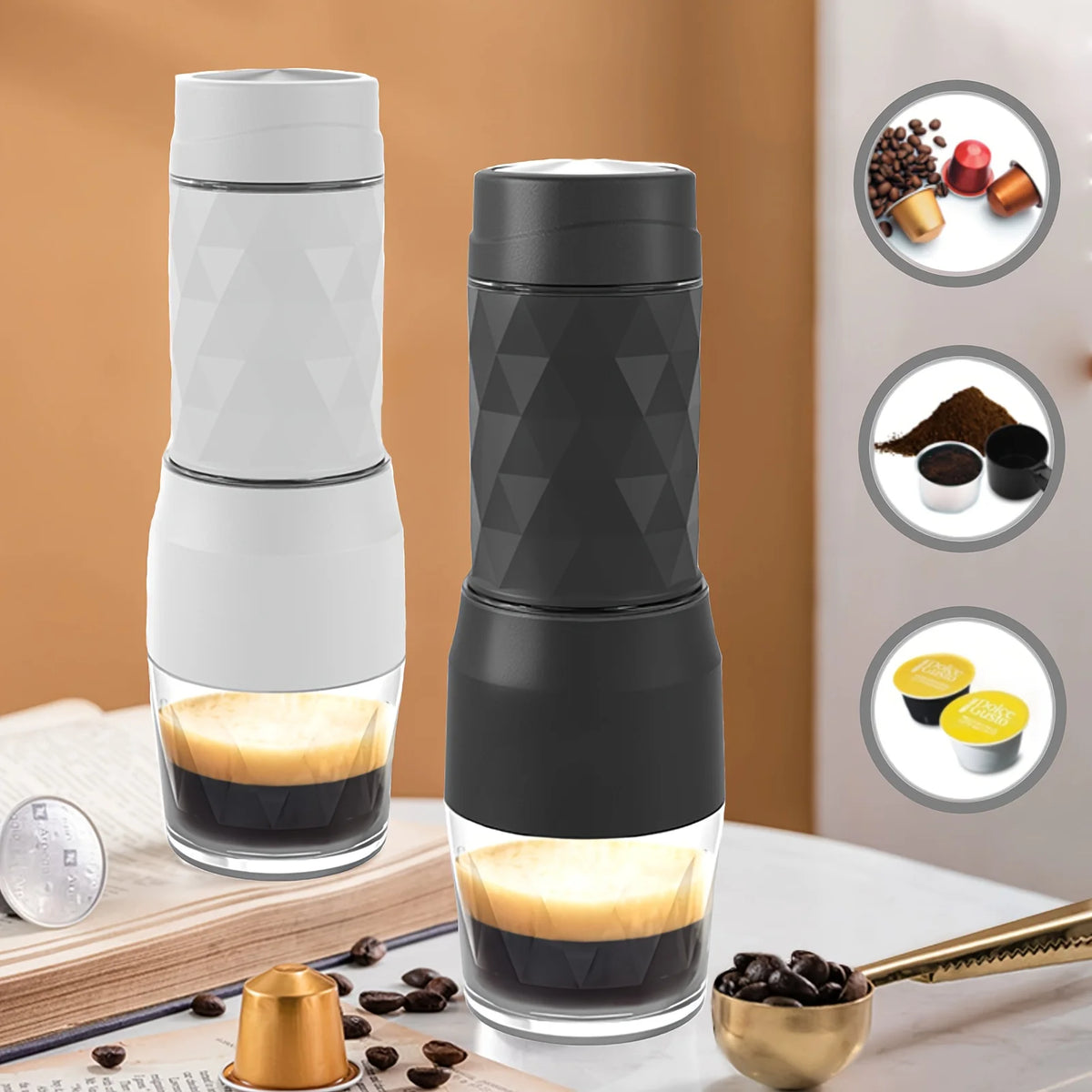 HOMEFISH 3 In1 Portable Coffee Machine Hot/Cold Water Manual Espresso Maker For Capsule & Ground Hand Press Brewer Hiking Travel