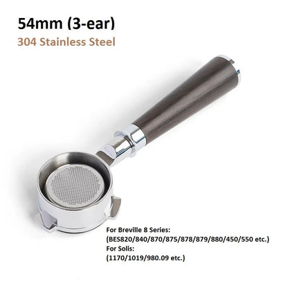 54mm 3-Ear Coffee Portafilter, 304 Stainless Steel Luxury Wooden Handle Espresso Holder Compatible with Breville 820 880 Series & Solis