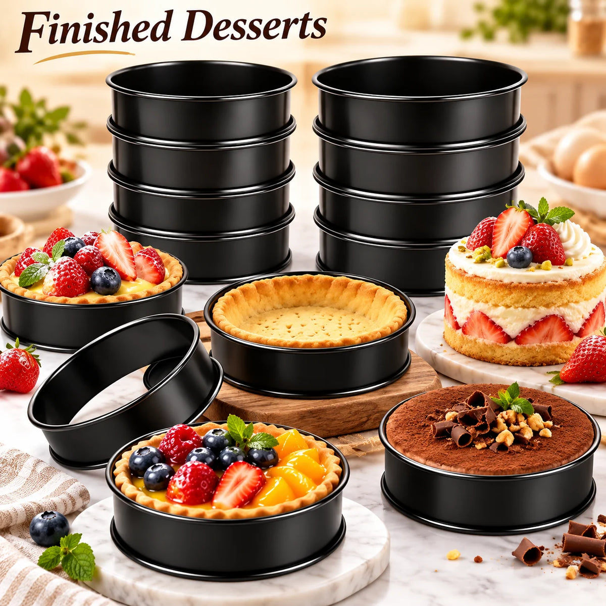 6PCS Tart Crumpet Muffin Ring Set Stainless Steel Nonstick Black Double-Rolled for Pancake Pastry Omelet Home Baking