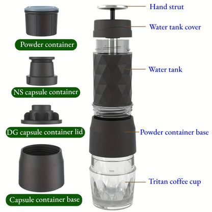 HOMEFISH 3 In1 Portable Coffee Machine Hot/Cold Water Manual Espresso Maker For Capsule & Ground Hand Press Brewer Hiking Travel