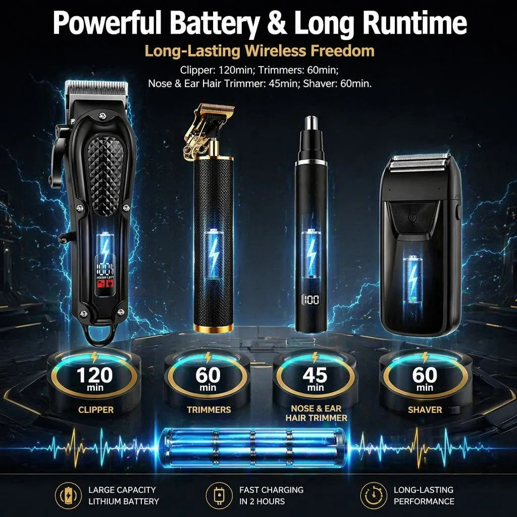 Professional 4-in-1 Hair Clipper & Trimmer Set for Men – Cordless Grooming Kit with LCD Display, USB Rechargeable, Includes Beard Trimmer,Electric Shaver, Nose Hair Trimmer & Multiple Guide Combs – Perfect for Home & Barber Use