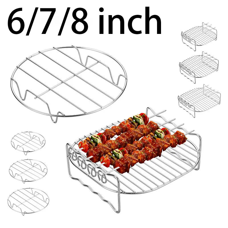 Square Air Fryer Rack 6/7/8inch Airfryer Accessories Grill Holder With Skewers Metal Oven Baking Holder Pot Steaming Wire Racks