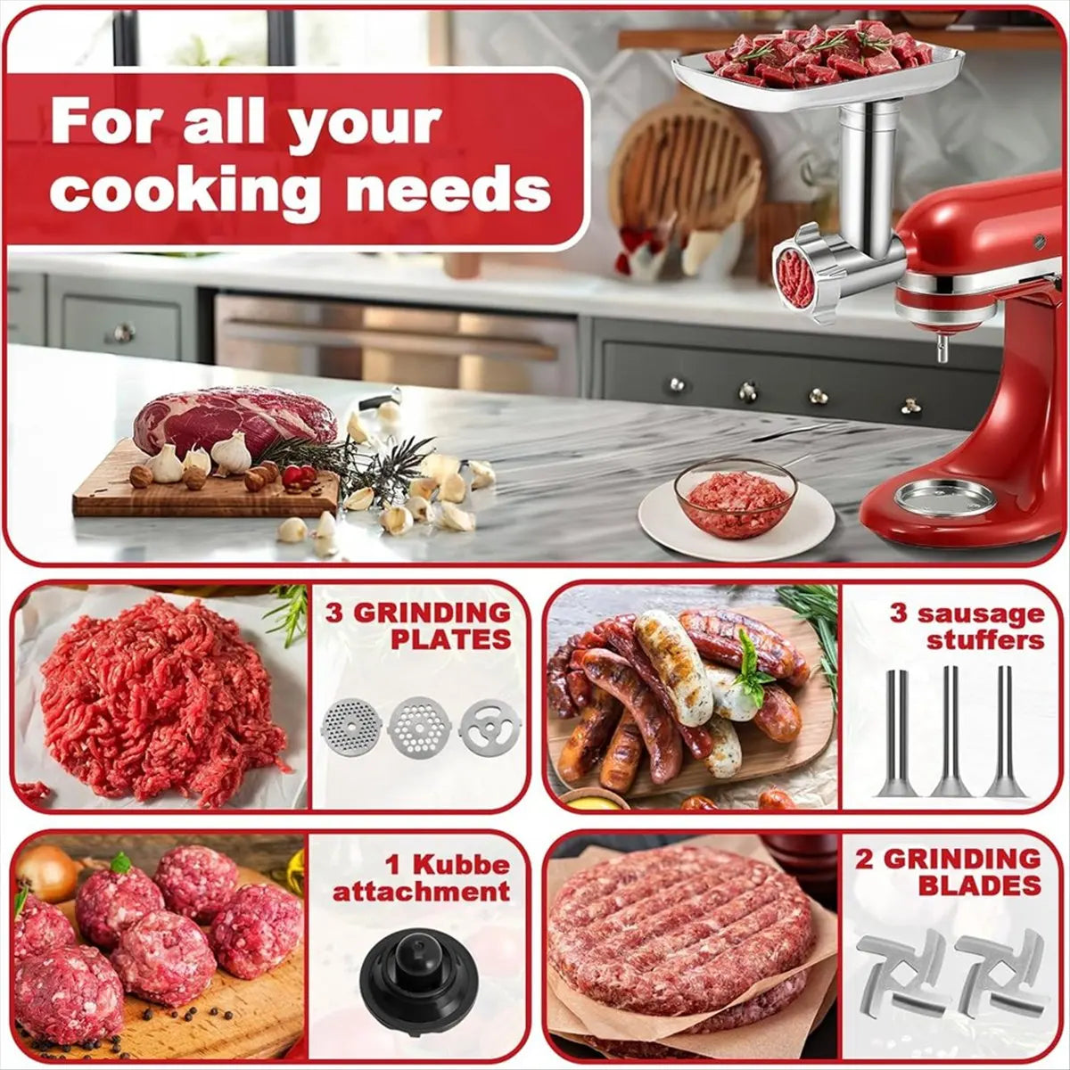 A60P Meat Grinder Attachment for Stand Mixer Stainless Steel Meat Grinder Accessory Knife Net Blade Combination
