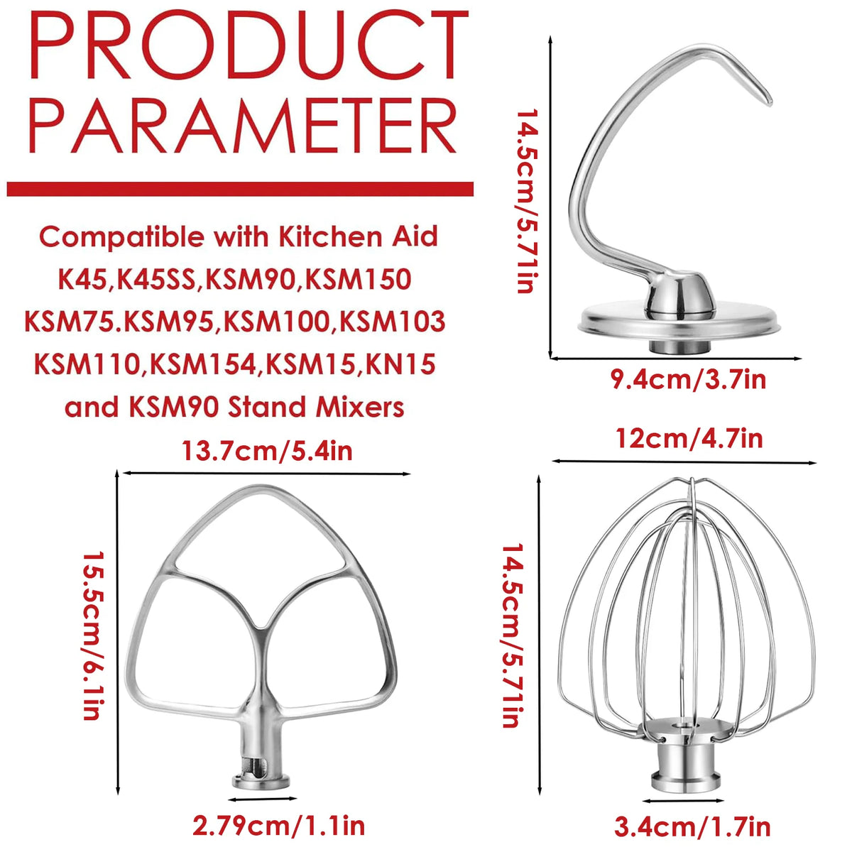 3-Piece Stainless Steel Mixer Attachment Kit for KitchenAid 4.5/5 QT Tilt-Head Mixers, K45WW Wire Whip, K45DH Dough Hook & K45B