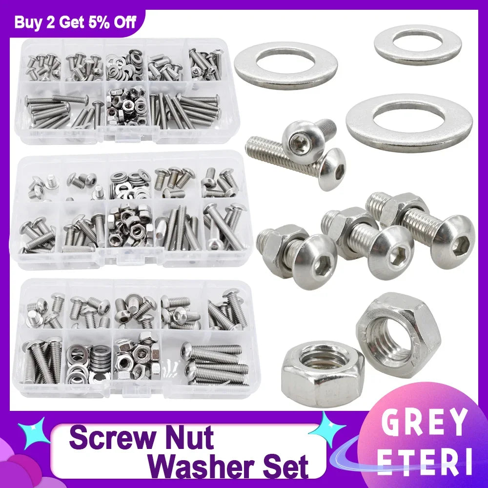 M2 M3 M4 M5 M6 304 Stainless Steel Allen Screw Nut Washer Kit Hex Socket Bolts Gaskets Set Hexagonal Machine Screws Assortment