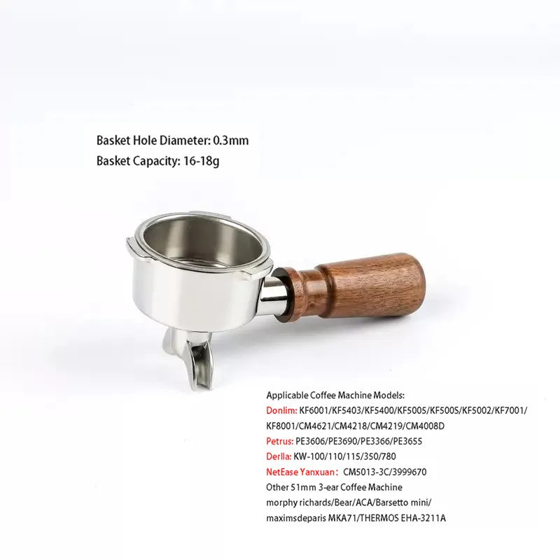 51mm 3-Ear Bottomed Portafilter for Donlim/Homix/Gypas//Sachi Espresso Machines, 304 Stainless Steel Coffee Handle with Basket
