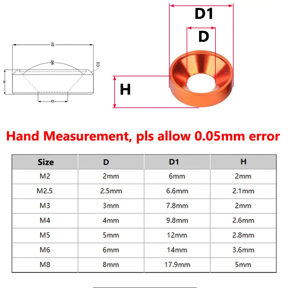 15Pcs Aluminum Alloy Conical Washers Aluminium Colorful Anodized For Countersunk Screw Spacers Gasket M2 M2.5 M3 M4 M5 M6 M8
