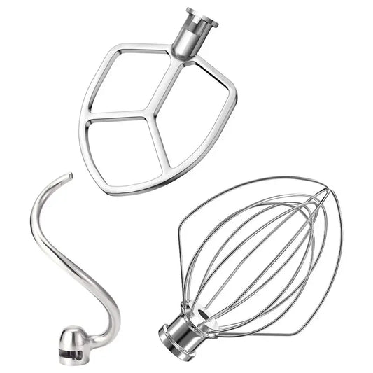B64B-Stainless Steel 3‑Piece Attachments For Kitchenaid 5.5-6QT Mixer,Flat Beater,Dough Hook,6‑Wire Whip For Stand Mixers