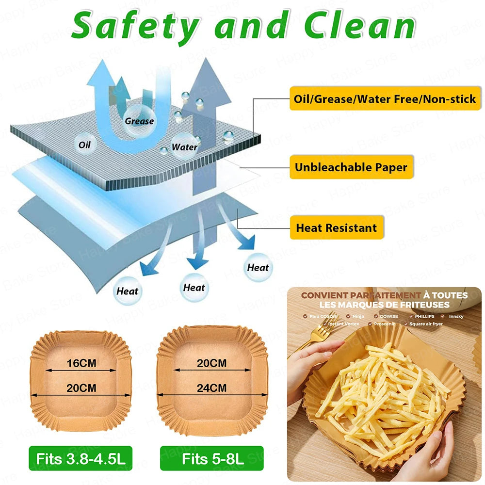 16/20CM Square Air Fryer Disposable Non-stick Parchment Paper Baking Liner Compatible with Cosori Philips Cecotec Oil-Free Fryer