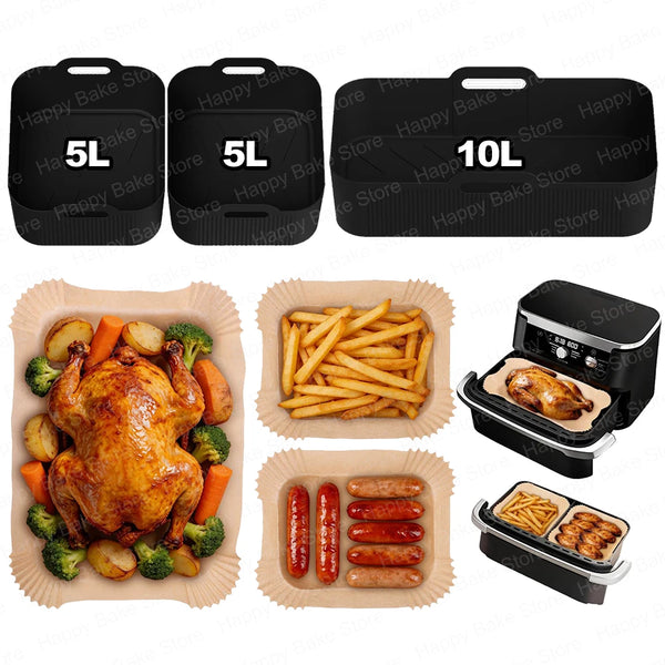 Silicone Mould & Baking Paper, Hot Air Fryer Accessories for Cosori Dual Blaze Twinfry 10L / Duronic 10L, Ninja AF500EU 10.4L