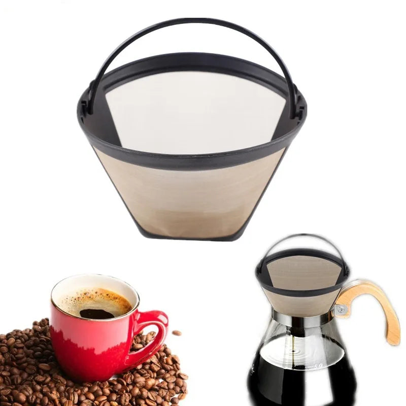 Useful Reusable 10-12 Cup Coffee Filter Permanent Cone-Style Coffee Maker Machine Filter Gold Mesh With Handle Cafe Coffees Tool