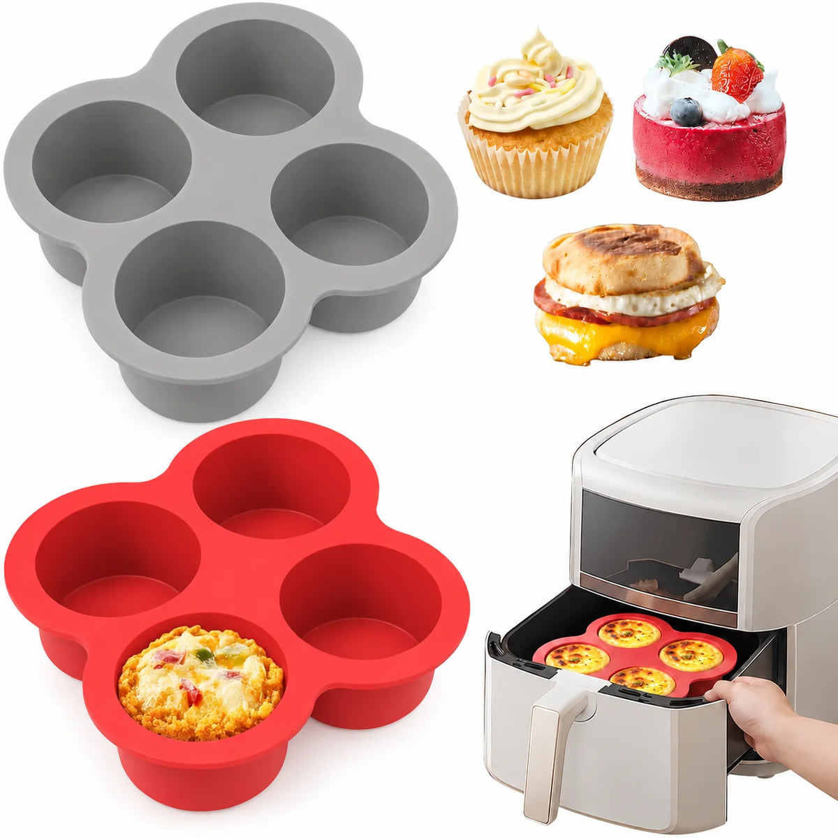 Air Fryer Egg Mold Round Shape Eggs Mold 4 Cavity Non-Stick Silicone Air Fryer Egg Pan Egg Steamer Cooking Mold Fried Egg Tool
