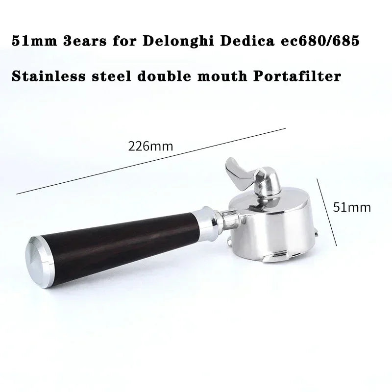 51mm 3 Ears Coffee Portafilter for Delonghi Dedica Ec680/685 Coffee Machine Stainless Steel Double Spout Coffee Handle Utensil