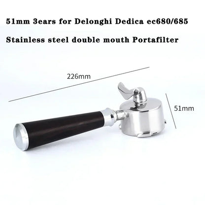 51mm 3 Ears Coffee Portafilter for Delonghi Dedica Ec680/685 Coffee Machine Stainless Steel Double Spout Coffee Handle Utensil
