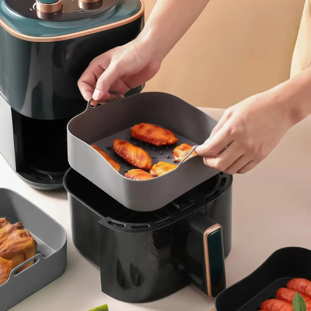Square Air Fryer Silicone Pot Liner Food‑Grade Reusable Non‑Stick Basket with Handles Air Fryer Baking Cooking Accessories