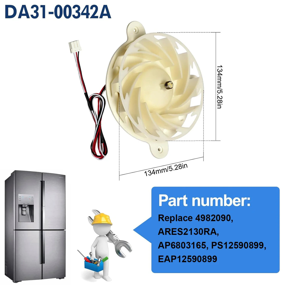 Replacement Refrigerator Fan Motor Compatible with Samsung DA31-00342A / RS27T5200SG / RS22T5561SR / RS22T5201SR / ARES2130RA