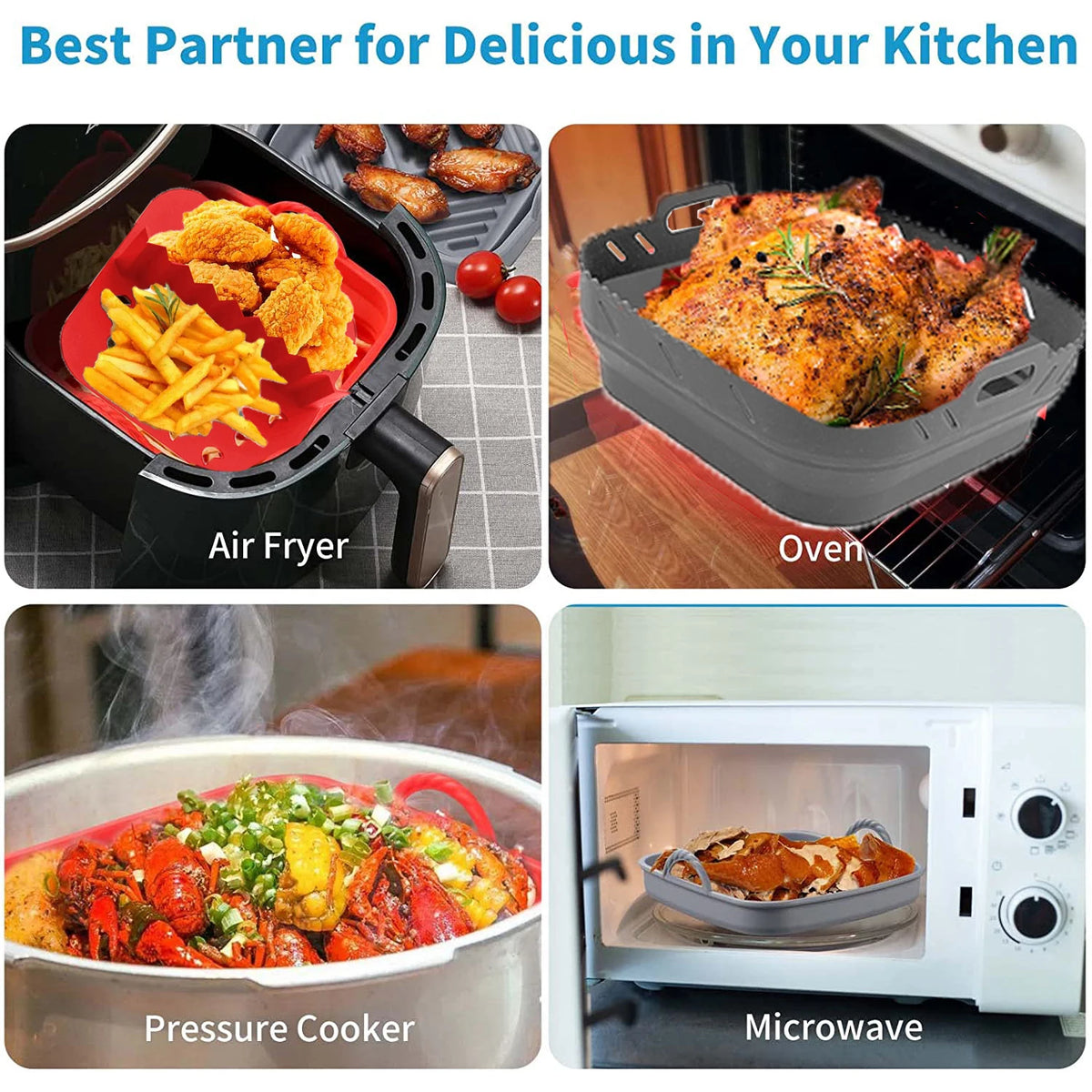 Air Fryer Silicone Shape Basket Round Square Reusable Foldable 20cm/22cm AirFryer Mold Liner Accessories