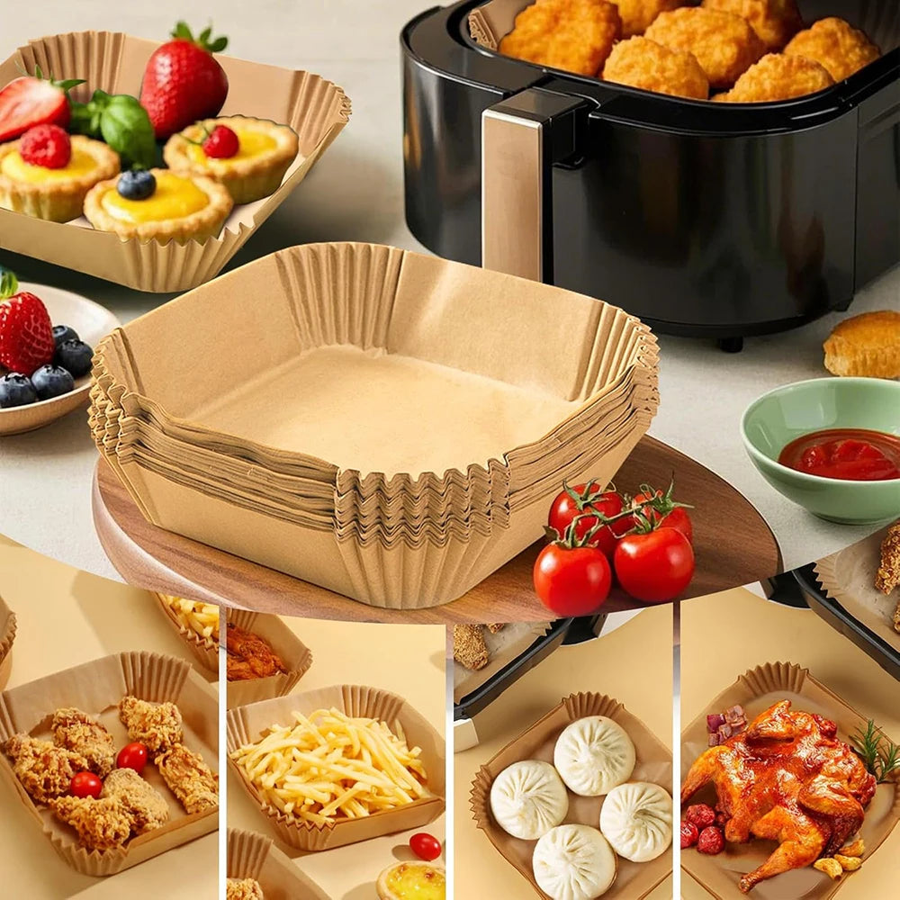 Baking Paper 20 x 20 cm, Air Fryer Paper Liner Unbleached, Non-stick Square Paper Liners, Air Fryer Baking Paper for 4.5-8 L