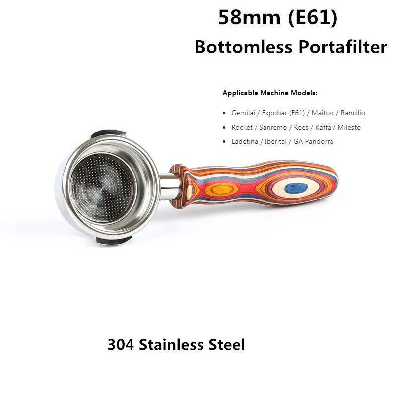 58mm Bottomless Coffee Portafilter for Expobar E61 Rocket Coffee Machine with Double Spout 304 Stainless Steel Filter Basket