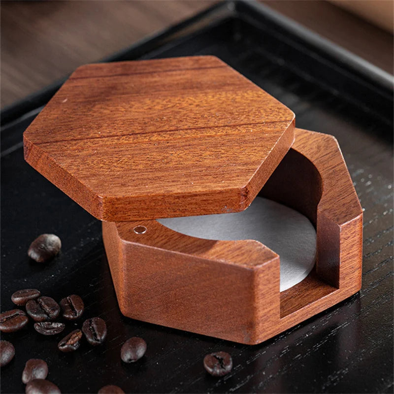 51/53/58mm Coffee Filter Paper Box Solid Wood Round Mocha Pot Filter Paper Box with Cover Lid Coffee Paper Filter Storage Box