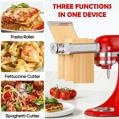 Stainless Steel 3in1 Pasta Attachment for KitchenAid Mixer with Roller Spaghetti Fettuccine Cutters for Noodles