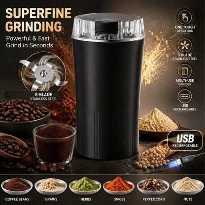 Rechargeable Electric Grinder, Portable Superfine Powder Grinding Machine With Stainless Steel Blades, One Touch Multi-Grain Grinder For Coffee Beans, Herbs, Nuts, Seeds, Pepper And Spices