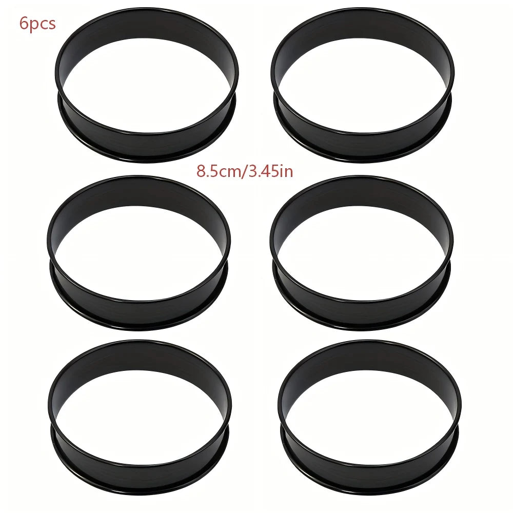 6PCS Tart Crumpet Muffin Ring Set Stainless Steel Nonstick Black Double-Rolled for Pancake Pastry Omelet Home Baking