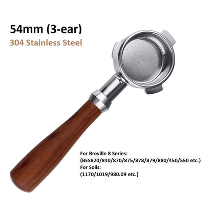 54mm 3-Ear Coffee Portafilter, 304 Stainless Steel Luxury Wooden Handle Espresso Holder Compatible with Breville 820 880 Series & Solis