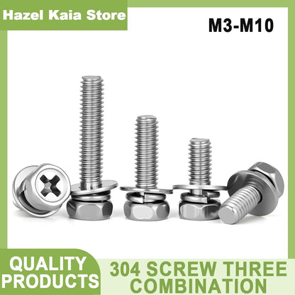 M3 M4 M5 M6 M8 M10 Cross Recessed Hex Head with Washer Sem Screw Stainless Steel Metric Three Combination Thread 3-20 Pcs