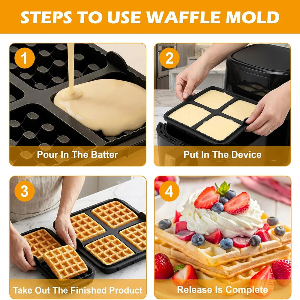 Pack of 2 Silicone Waffle Moulds, Waffle Plates, Airfryer Accessories, 4 Slots & 2 Slots, Silicone, Non-Stick Coating