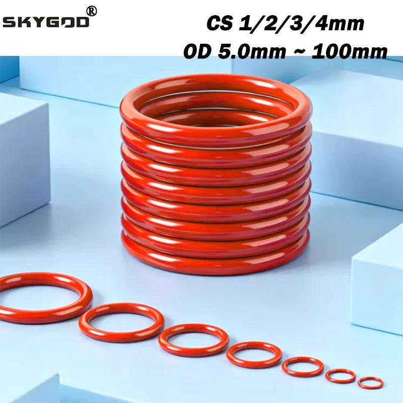 CS 1/2/3/4mm OD 5mm ~ 100mm Red VMQ O-Ring Gasket Silicone Insulated Wear-resistant Sealing Washer 50 Pcs