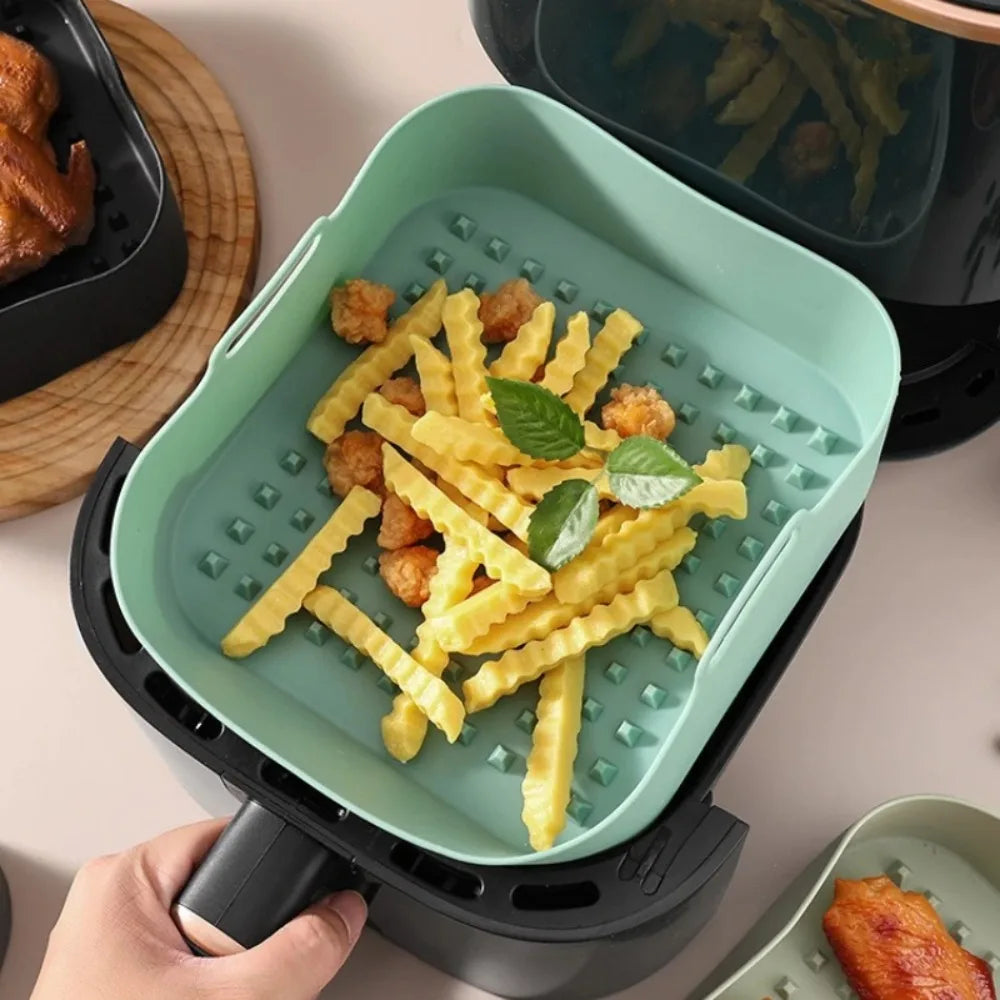 Square Air Fryer Silicone Pot Liner Food‑Grade Reusable Non‑Stick Basket with Handles Air Fryer Baking Cooking Accessories