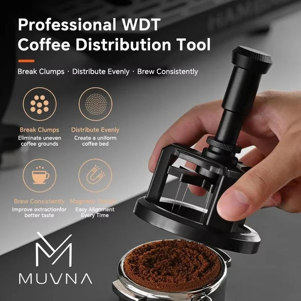 MUVNA WDT Tool Needle Distribution for 51/53/58mm Portafilter, Press To Automatically Rotate with 9 Needles Coffee Accessories