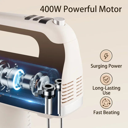 SUNATUR 400W DC Hand Mixer Electric Speed Control 304 Stainless Steel 6 Rods Set with Storage Base