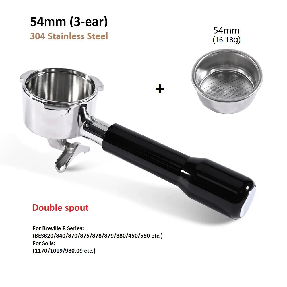 54mm 3-Ear Coffee Portafilter, 304 Stainless Steel Luxury Wooden Handle Espresso Holder Compatible with Breville 820 880 Series & Solis