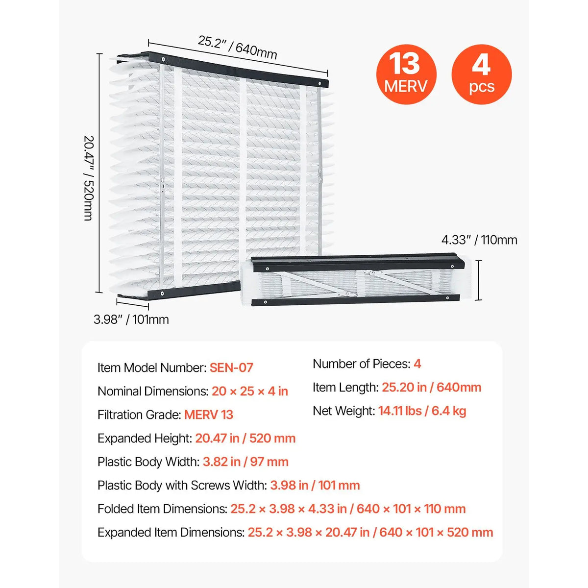 20 x 25 x 4 Furnace Filter, HVAC Ac Filters,12-Month Electrostatic Pleated Air Conditioner Filters, 4-Pack (Actual Size