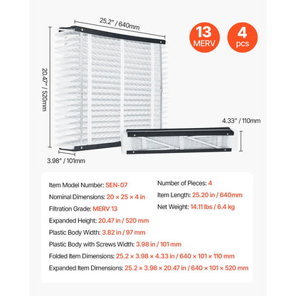 20 x 25 x 4 Furnace Filter, HVAC Ac Filters,12-Month Electrostatic Pleated Air Conditioner Filters, 4-Pack (Actual Size