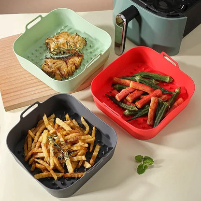 20CM Silicone Air Fryer Pot Tray Barbecue BBQ Pad Plate Airfryer Oven Baking Mold Pot Reusable Square Air Fryer Pan