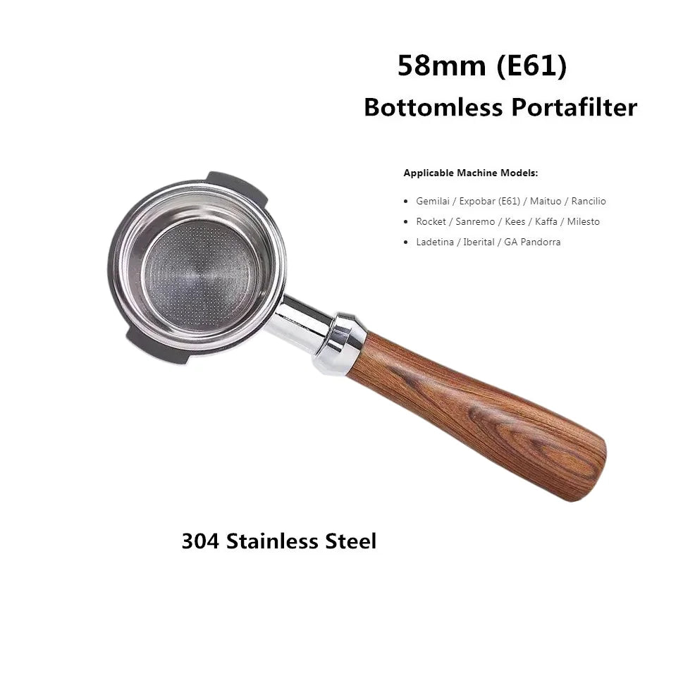 58mm Bottomless Coffee Portafilter for Expobar E61 Rocket Coffee Machine with Double Spout 304 Stainless Steel Filter Basket